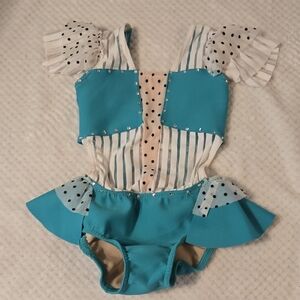 Turquoise W/ White Stripe & Black Polka Dot Rhinestoned Dance Costume